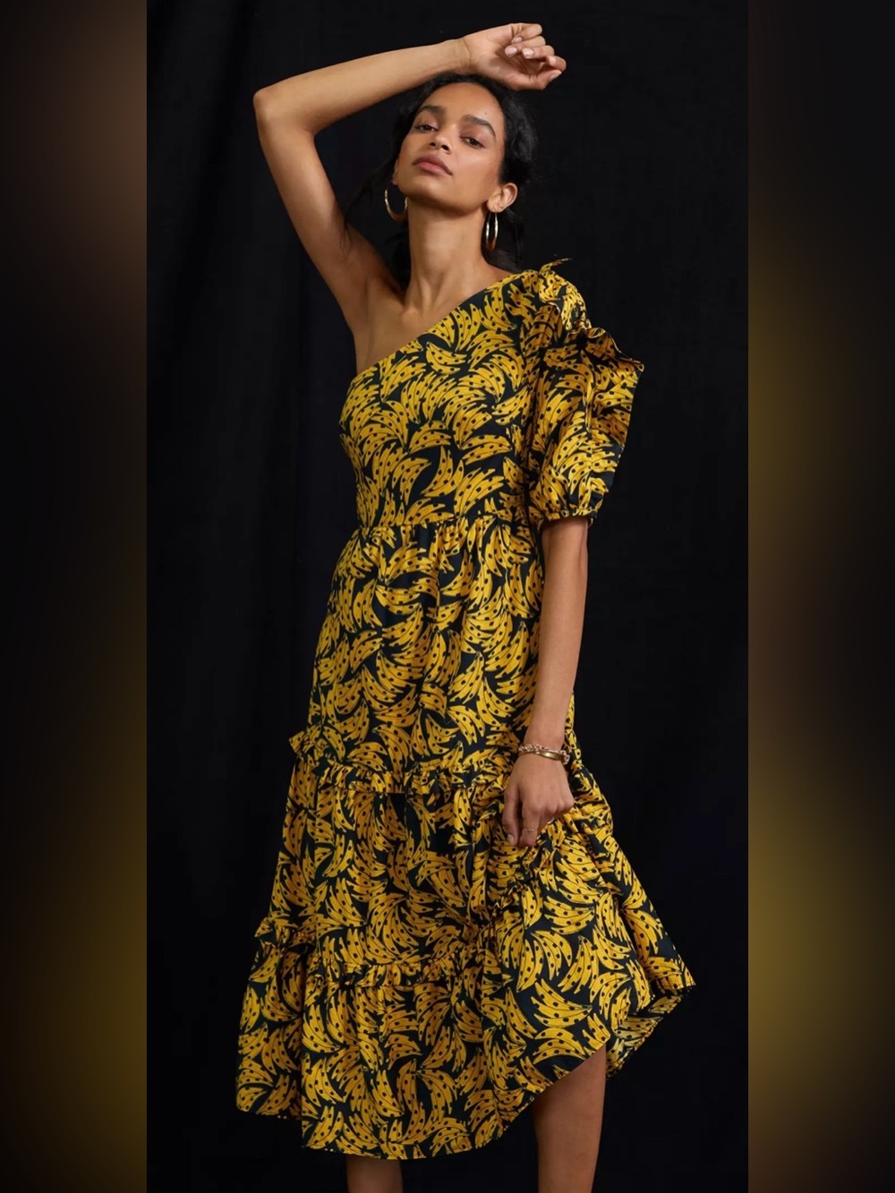 Farm Rio "Bananas" One-Shoulder Midi Dress, Size M
